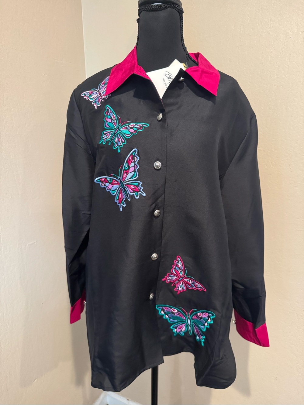 Vintage Bob Mackie 100% Silk Black Butterfly Button-Up Shirt with Hot Pink Trim
